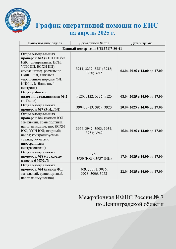 График оперативной помощи по ЕНС на апрель 2025 г.